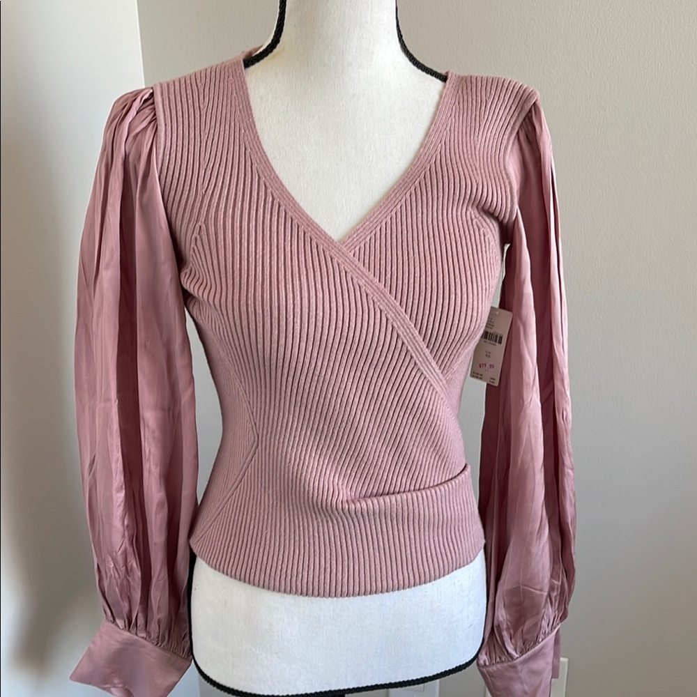 Pink Ribbed Wrap Top with Satin Sleeves